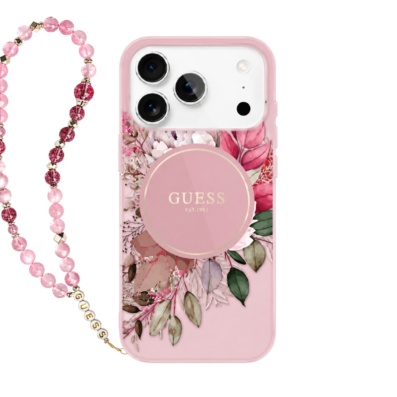 جراب Guess MagSafe IML بنمط الزهور مع حبل لهاتف 17 Pro Max
