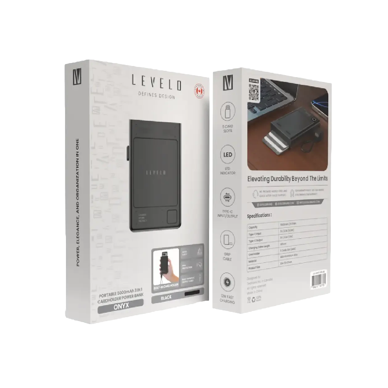 Levelo Onyx Portable 5000mAh 3 in 1 Cardholder Power Bank - Black