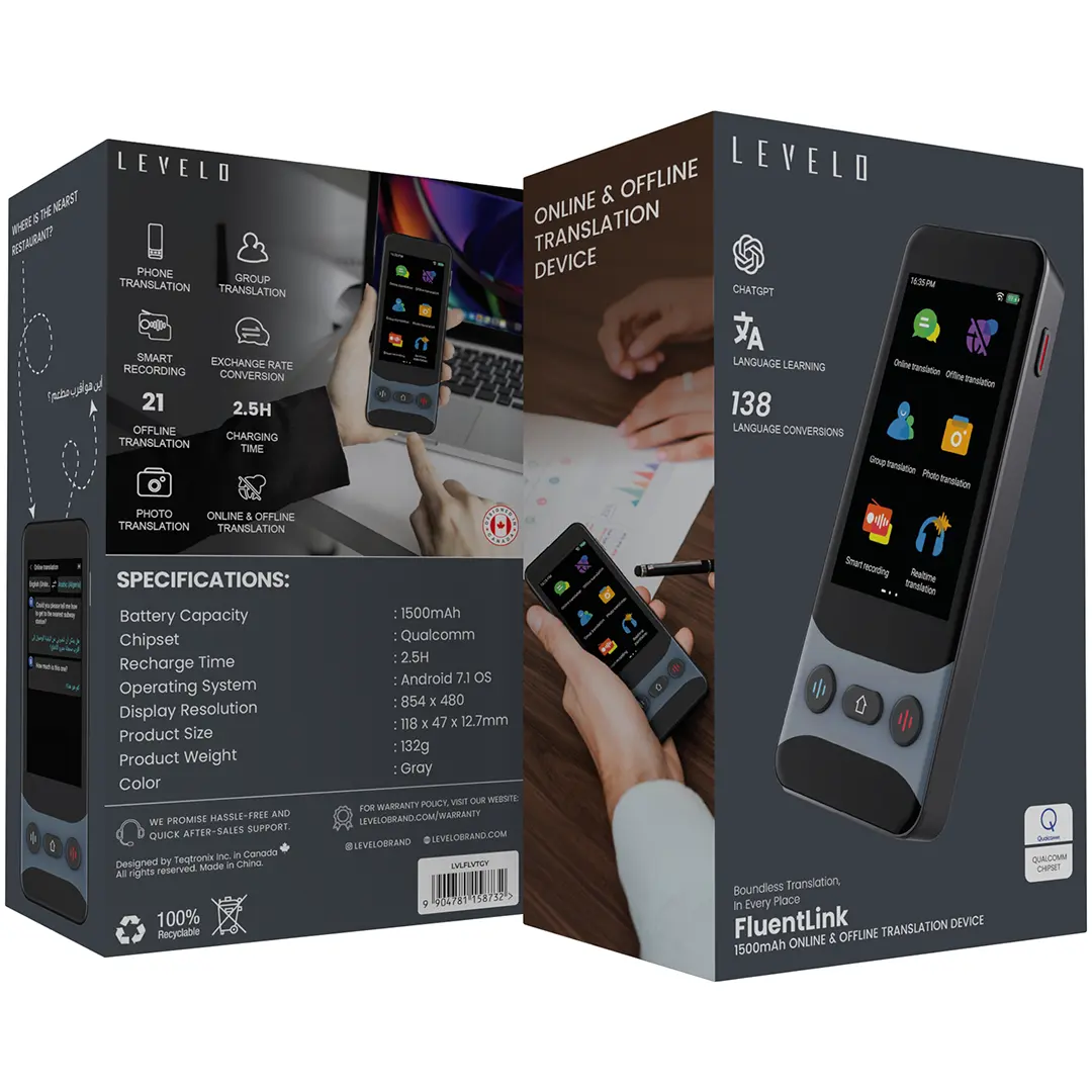 Levelo FluentLink Offline & Online Voice Translator - Grey