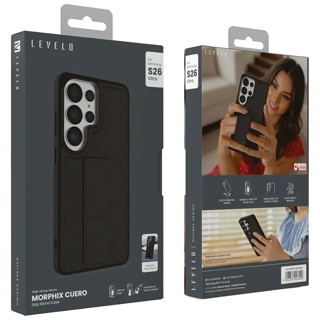 Levelo Morphix Cuero Grip Stand Case for S26 Ultra - Black