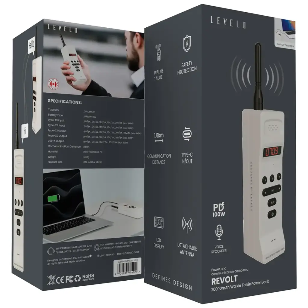 Levelo Revolt 20000mAh Walkie Talkie Power Bank - White