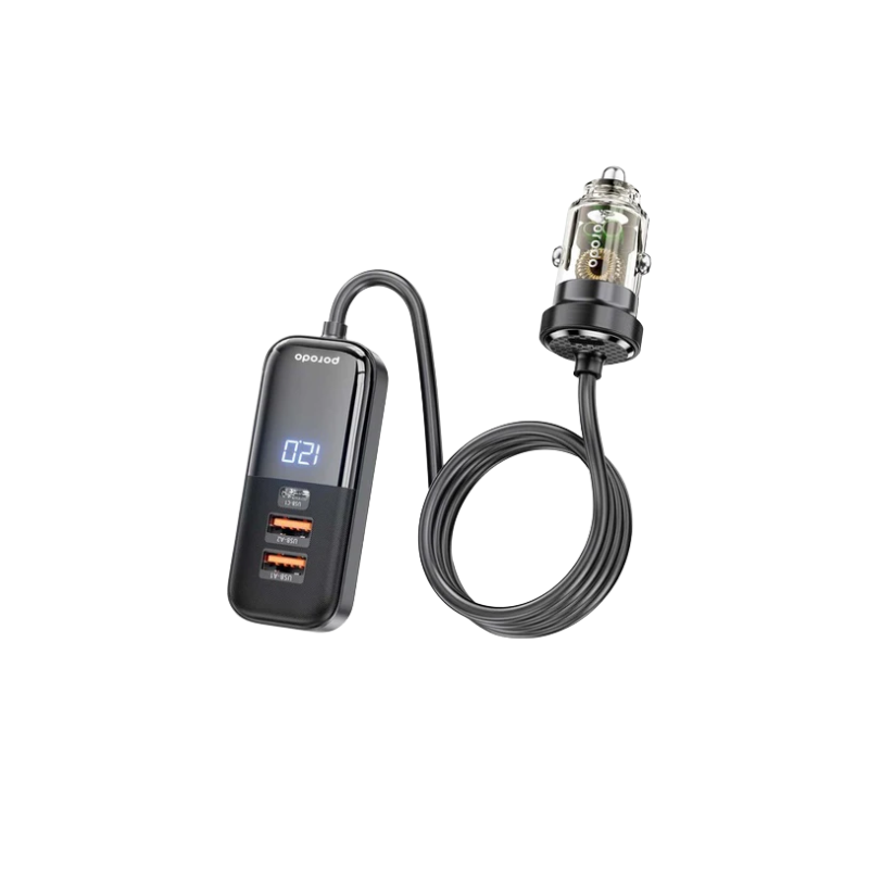 Porodo 120W Transparent Multi Port Car Charger with Rear Expansion - Black