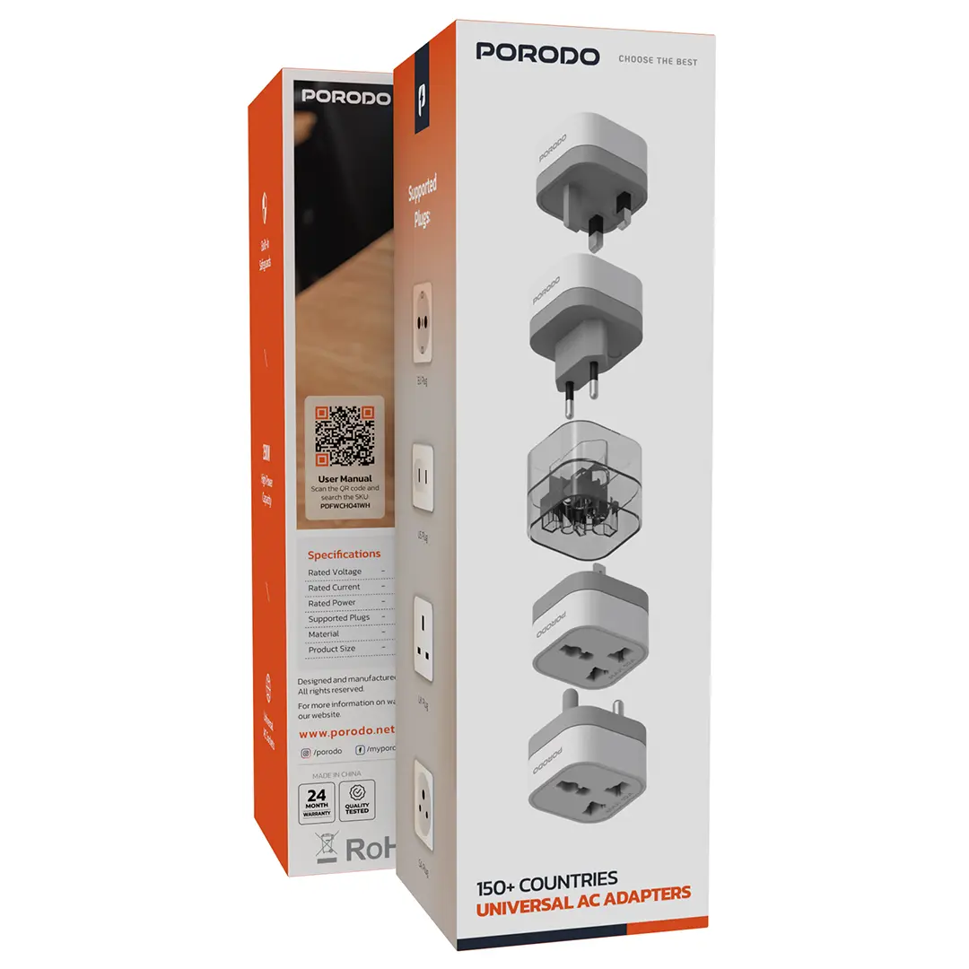 Porodo 150+ Countries Universal AC Adapters - White