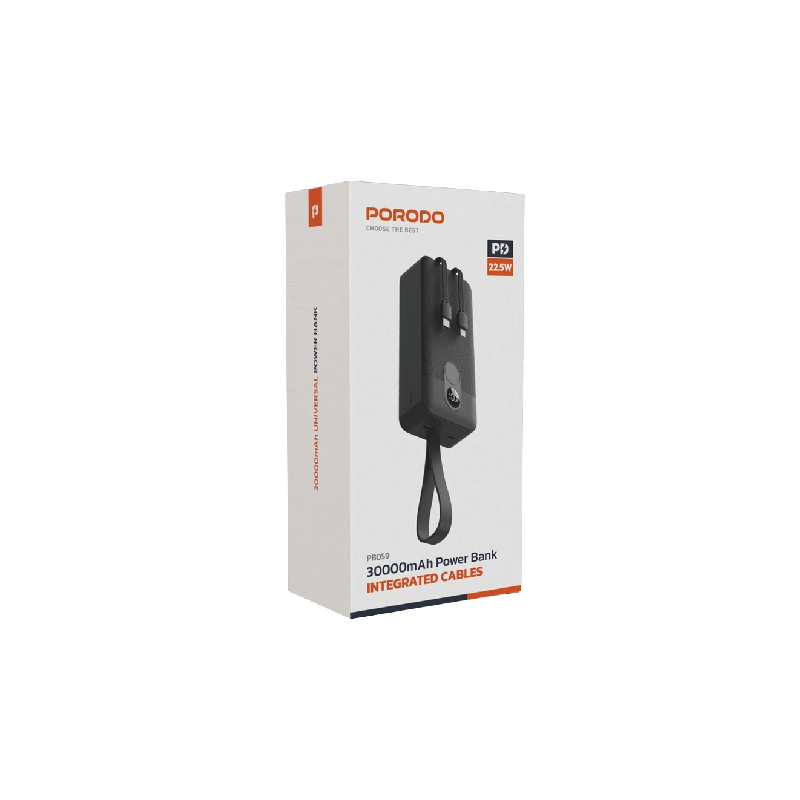 Porodo 30000mAh Power Bank with Integrated Cables - Black