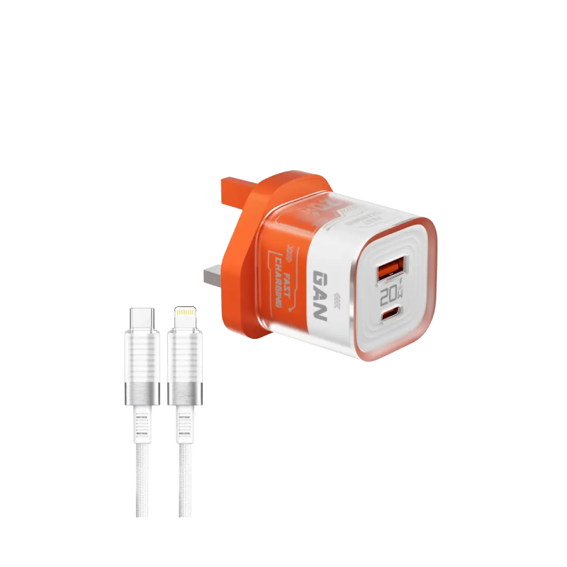 Porodo Crystal Shell GaN Wall Charger ( with USB-C/Lightning Cable) - Orange