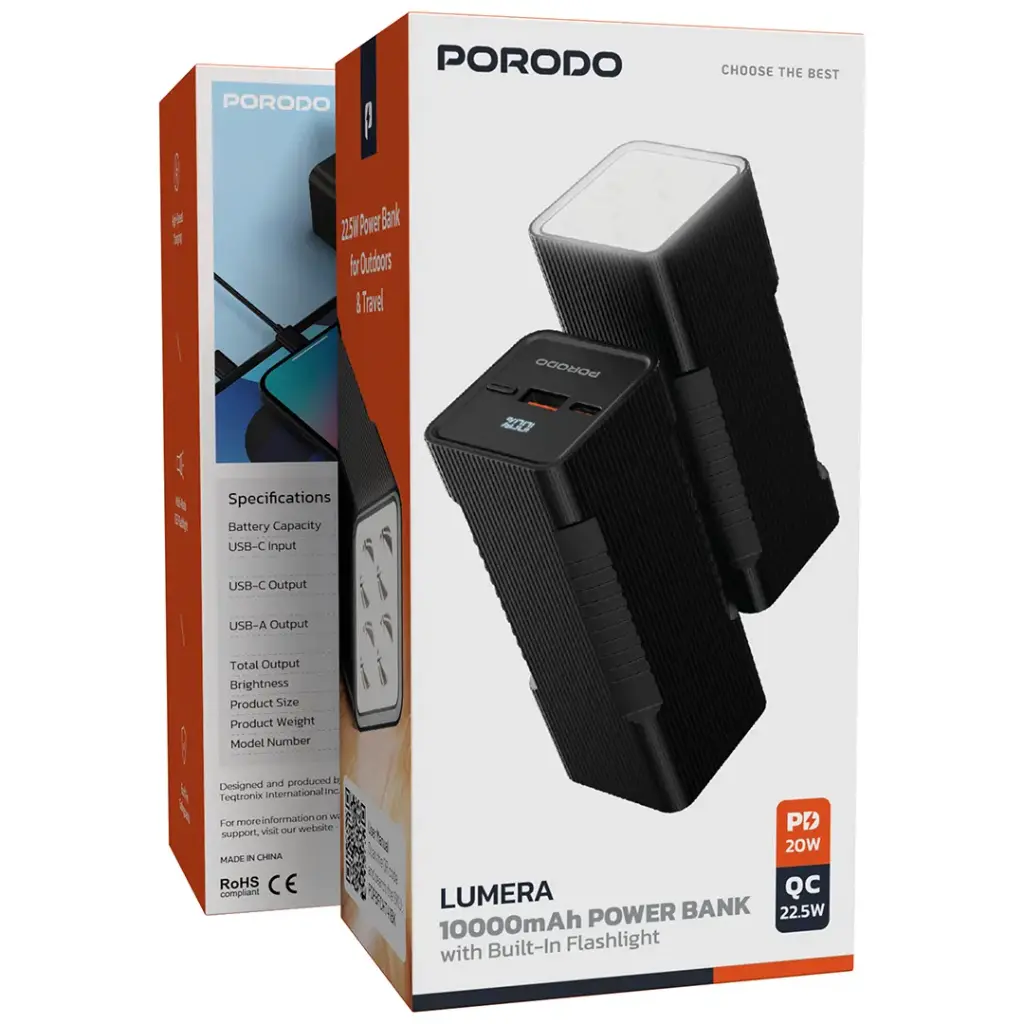 Porodo LUMERA 10000mAh Power Bank with Built-In Flashlight