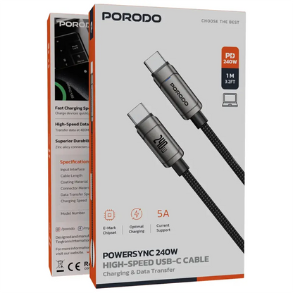 Porodo PowerSync 240W High-Speed USB-C Cable - Gray