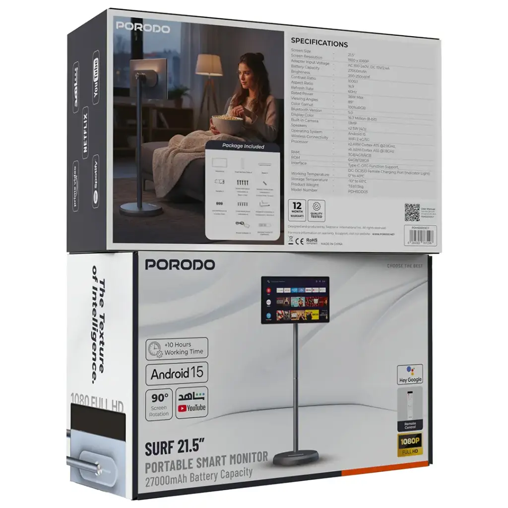 Porodo Surf 21.5" Portable Smart Monitor with 27000mAh Battery Capacity - Gray
