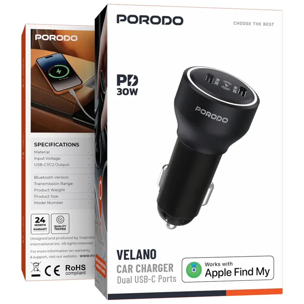 Porodo Velano Car Charger with Dual USB-C Ports - Black