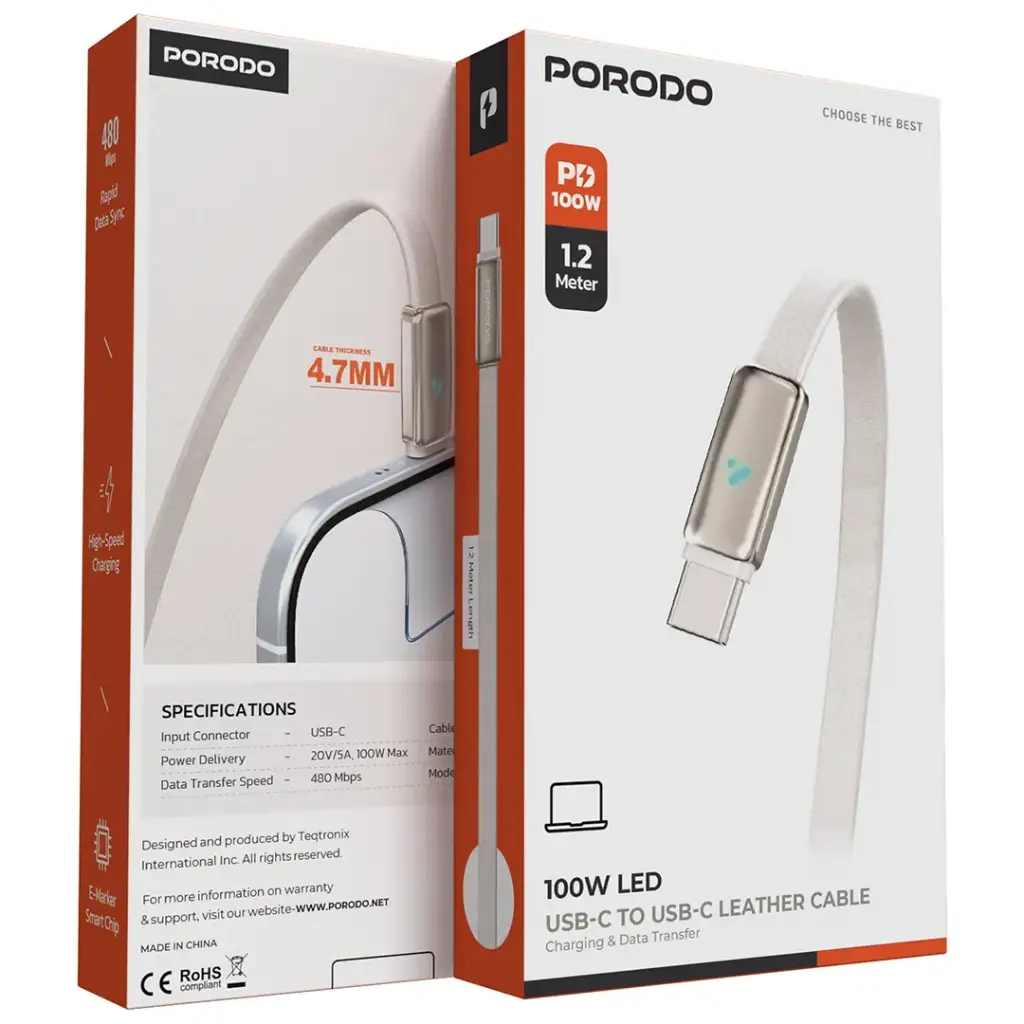 كابل شحن ونقل بيانات جلدي Porodo 100W LED USB-C إلى USB-C