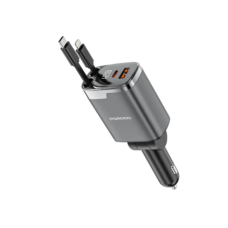 Porodo 111W Car Charger with Lightning & Type-C Retractable Cables - Gray