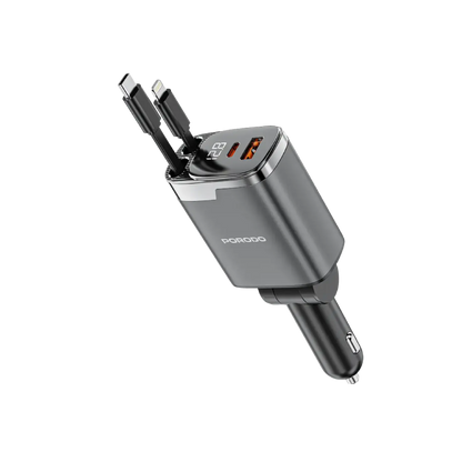 Porodo 111W Car Charger with Lightning & Type-C Retractable Cables - Gray