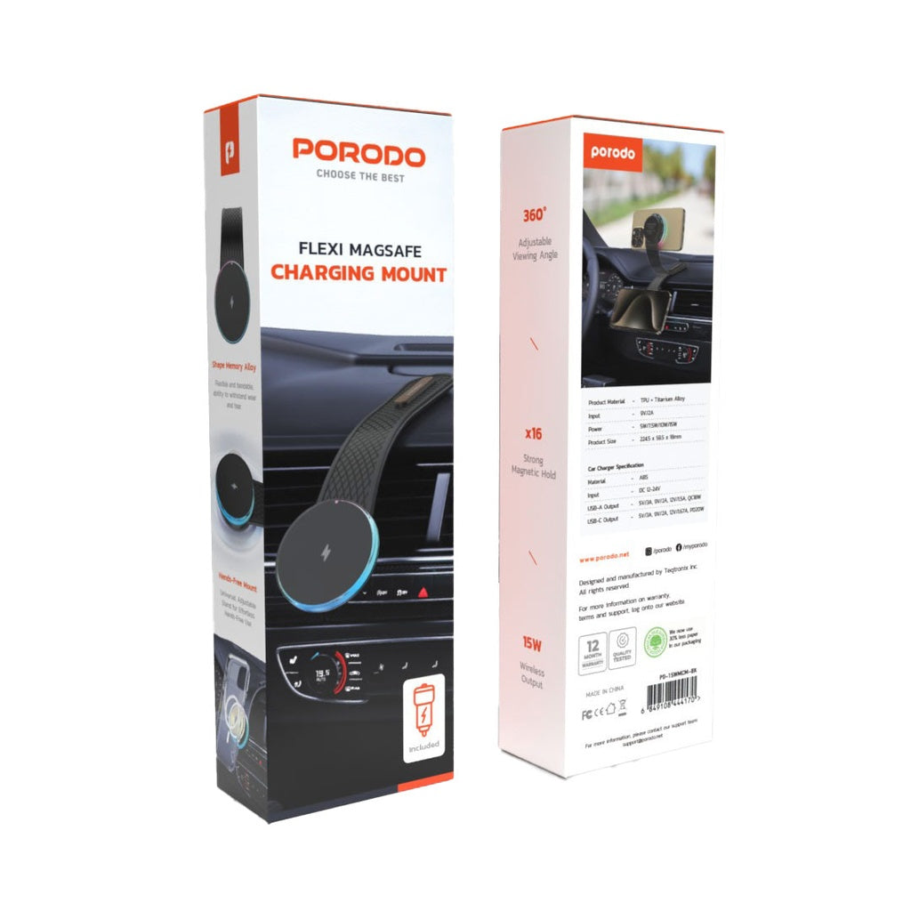Porodo 15W Magnetic Wireless Car & C-C Cable 1M- Black