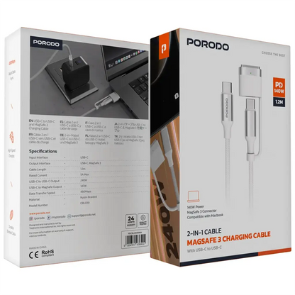 Porodo 2-in-1 Cable MagSafe 3 Charging Cable with USB-C to USB-C - White