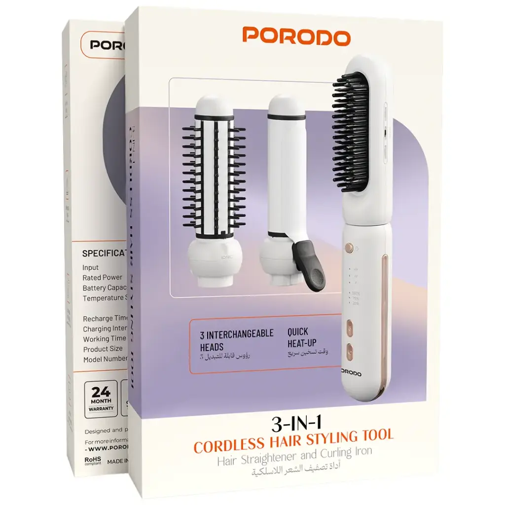 Porodo 3-In-1 Cordless Hair Styling Tool Hair Straightener & Curling Iron - White