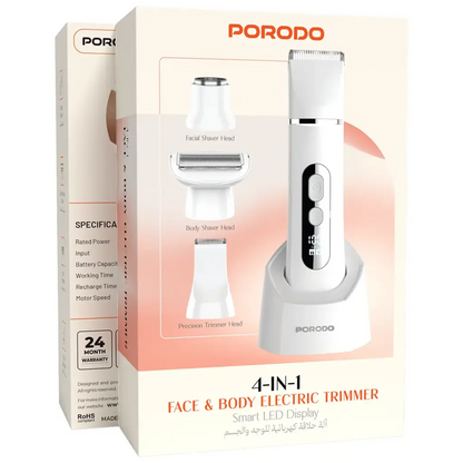 Porodo 4-In-1 Face & Body Electric Trimmer with Smart LED Display - White