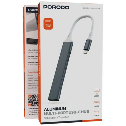 موصل بورودو ألومنيوم متعدد المنافذ USB-C مع نقل بيانات 5 جيجابت في الثانية - رمادي