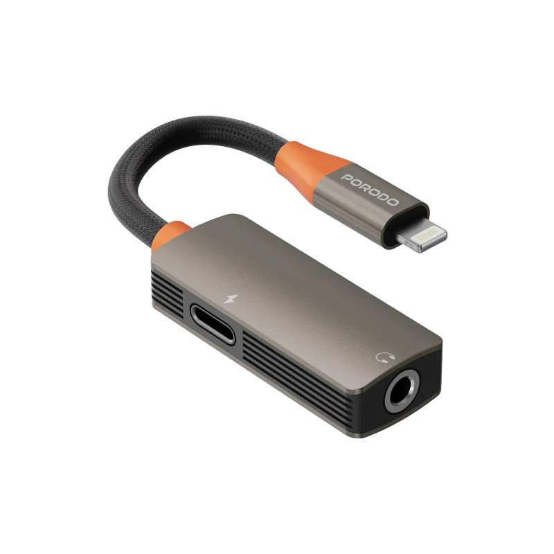 Porodo AudioLink Duo Lightning + 3.5mm Jack Audio and Charge Splitter - Black & Orange