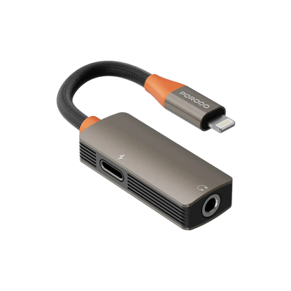 Porodo AudioLink Duo Lightning + 3.5mm Jack Audio and Charge Splitter - Black & Orange