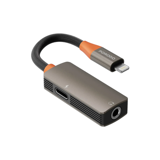 Porodo AudioLink Duo Lightning + 3.5mm Jack Audio and Charge Splitter - Black & Orange