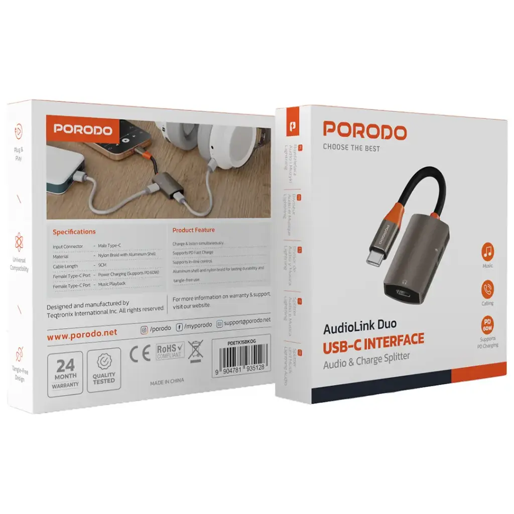 Porodo AudioLink Duo USB-C Interface Audio and Charge Splitter - Black & Orange