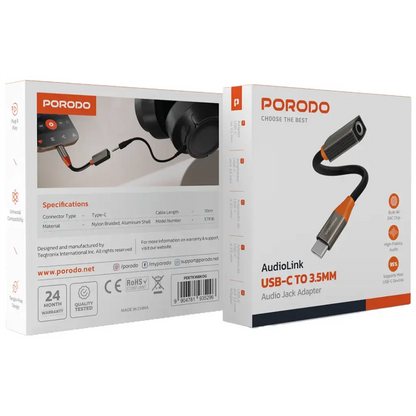 Porodo AudioLink USB-C to 3.5mm Audio Jack Adapter - Black & Orange