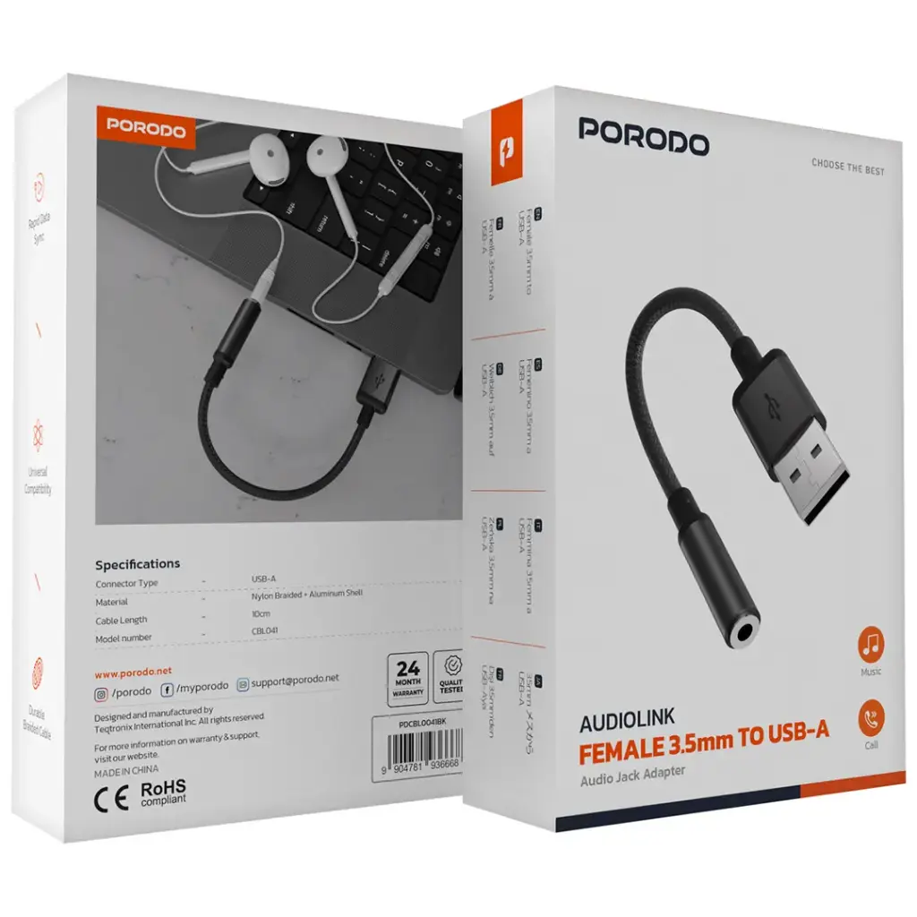 محول جاك الصوت من Porodo Audiolink أنثى 3.5 ملم إلى USB-A - أسود