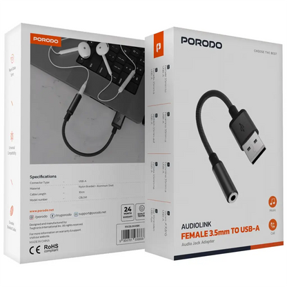 محول جاك الصوت من Porodo Audiolink أنثى 3.5 ملم إلى USB-A - أسود