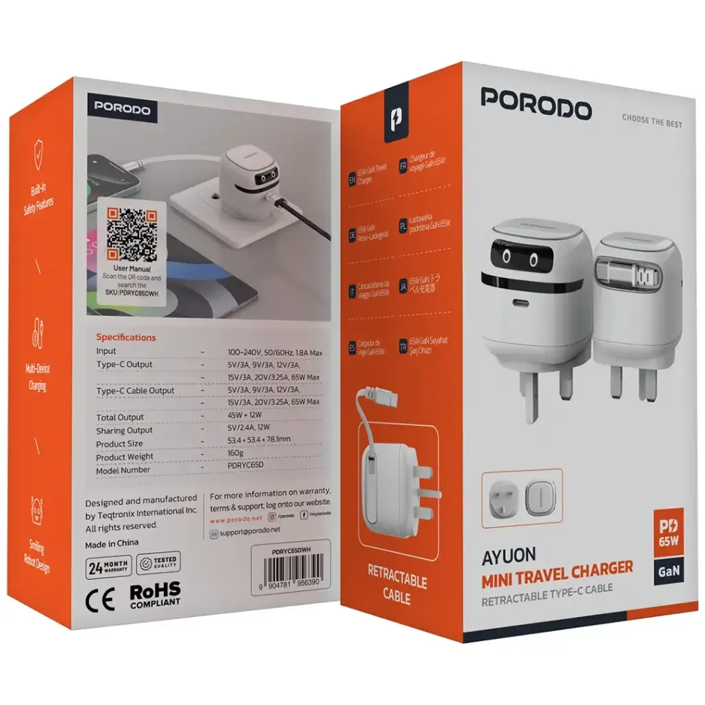 PORODO AYUON MINI TRAVEL CHARGER 65W TYPE-C CABLE
