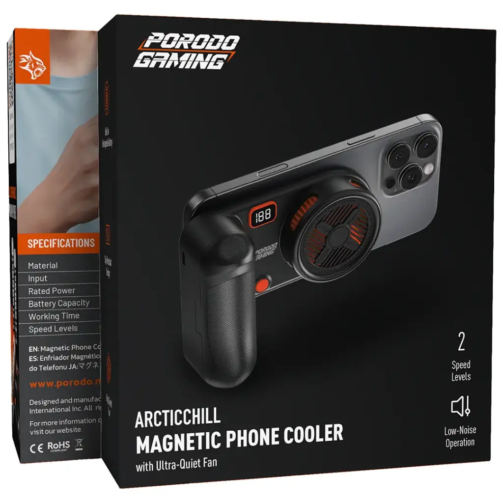 Porodo Gaming Arcticchill Magnetic Phone Cooler With Ultra-Quiet Fan - Black/Orange