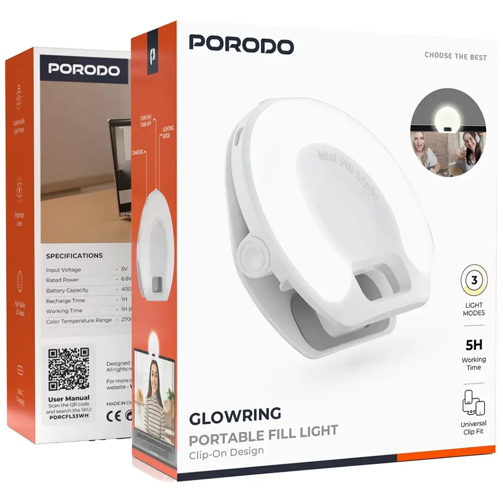 Porodo Glowring Portable Fill Light Clip-On Design - White