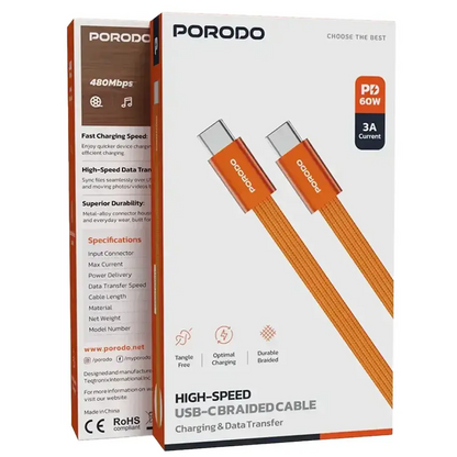 Porodo High-Speed USB-C Braided Cable Charging & Data Transfer - Orange