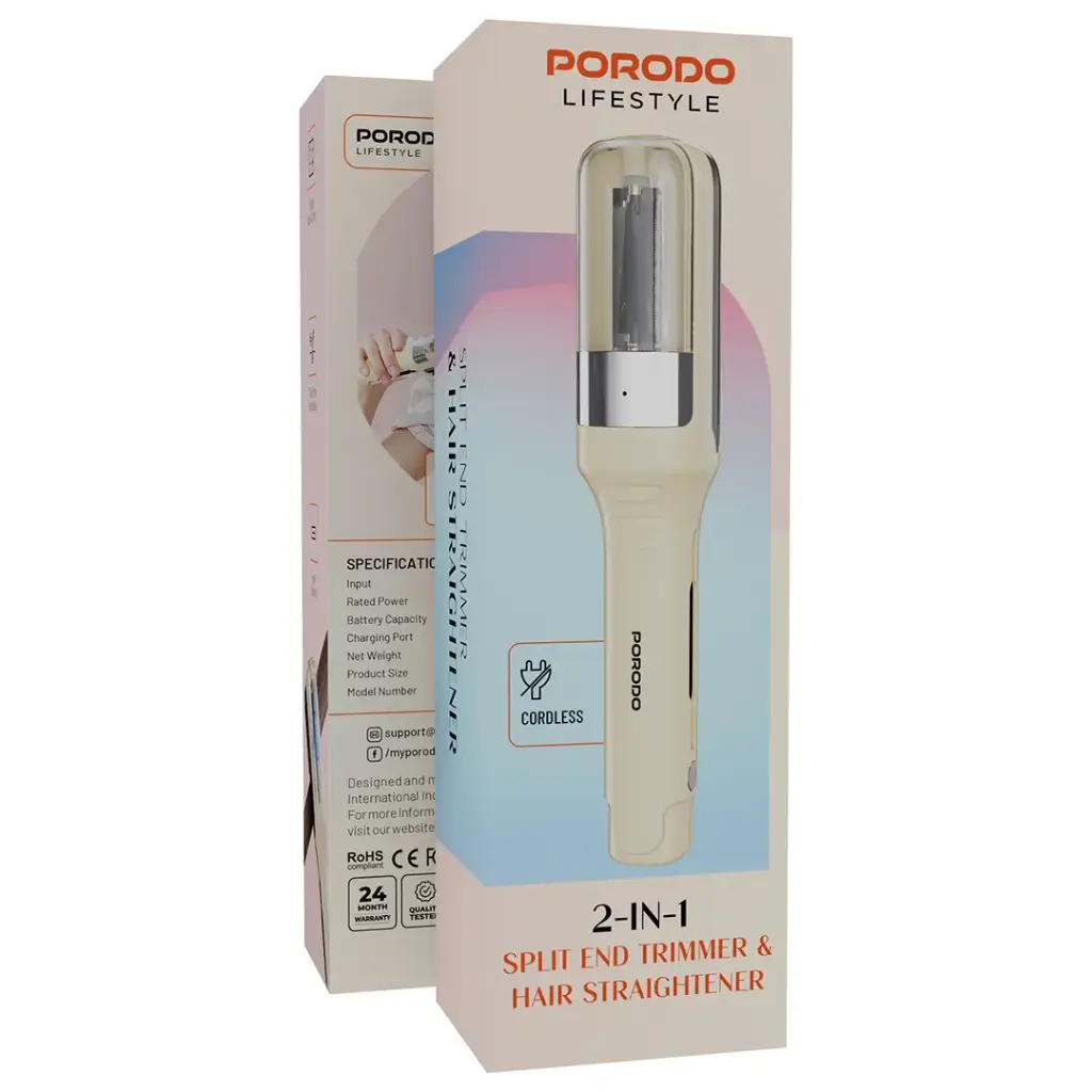 Porodo Lifestyle 2-In-1 Split End Trimmer & Hair Straightener - White