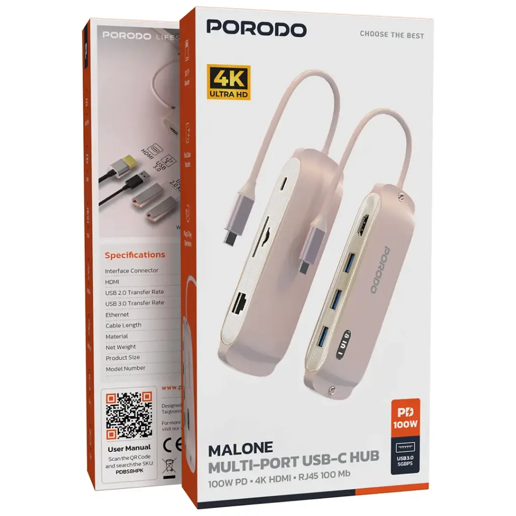 Porodo Malone موزع USB-C متعدد المنافذ - وردي