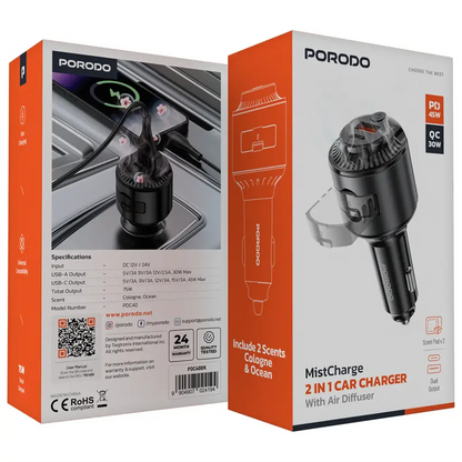 Porodo MistCharge 2-in-1 Car Charger with Air Diffuser - Black