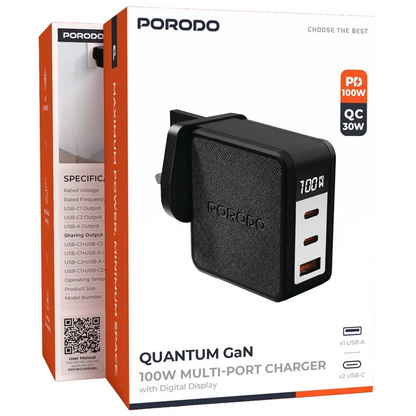 Porodo Quantum GaN 100W Multi-Port Charger with Digital Display - Black