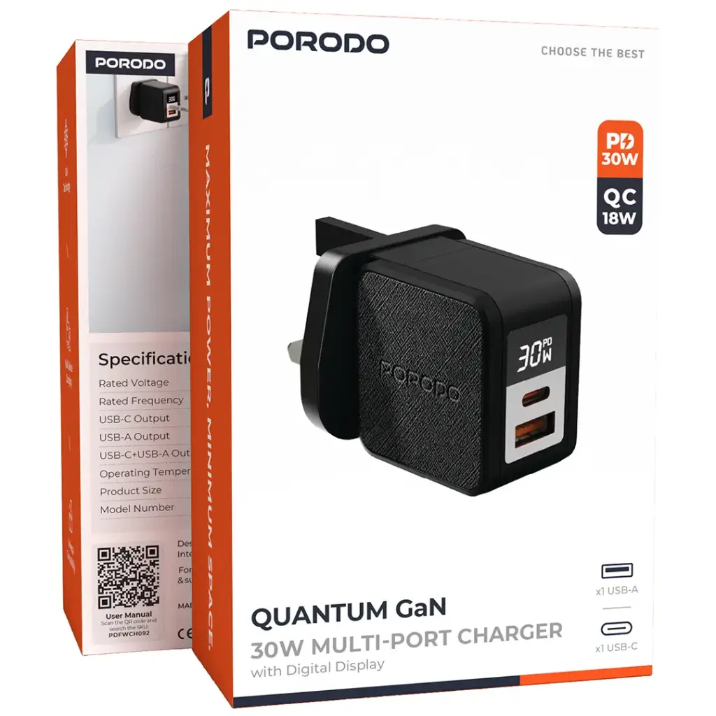 Porodo Quantum GaN 30W Multi-Port Charger with Digital Display - Black