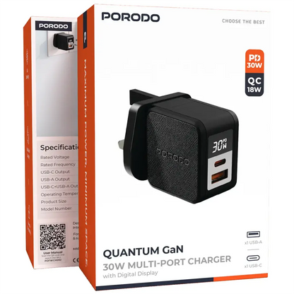 Porodo Quantum GaN 30W Multi-Port Charger with Digital Display - Black