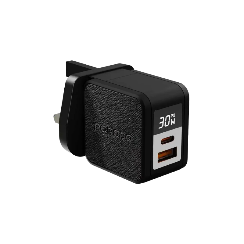 Porodo Quantum GaN 30W Multi-Port Charger with Digital Display - Black