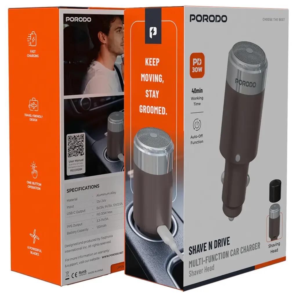 Porodo Shave N Drive Multi-Function Car Charger with Shaver Head - Brown
