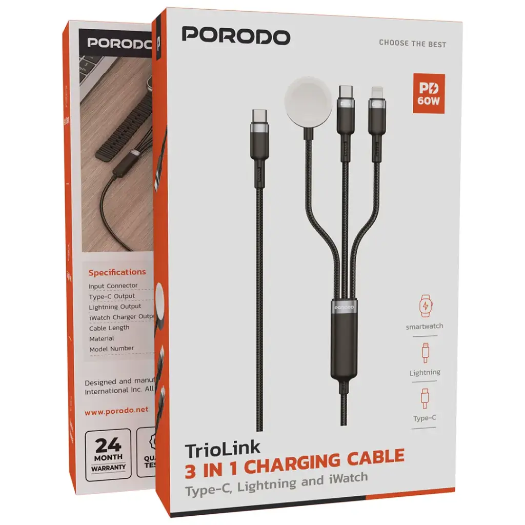 Porodo TrioLink 3-In-1 Charging Cable Type-C, Lightning and iWatch - Black