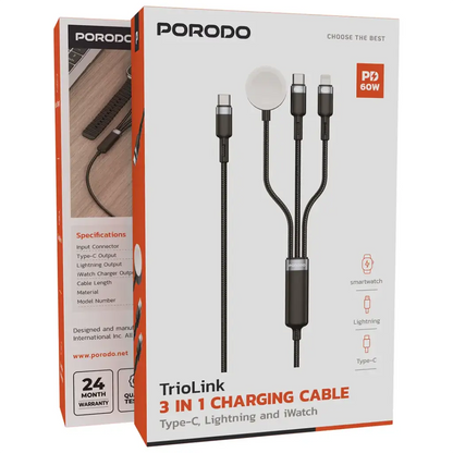Porodo TrioLink 3-In-1 Charging Cable Type-C, Lightning and iWatch - Black