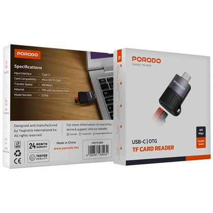 قارئ بطاقة Porodo USB-C | OTG TF - أسود