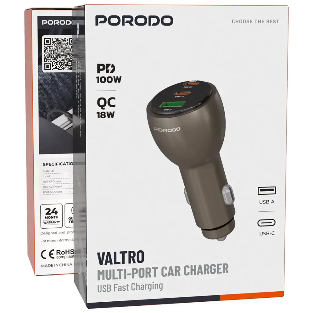 Porodo Valtro Multi-Port Car Charge with USB Fast Charging - Brown