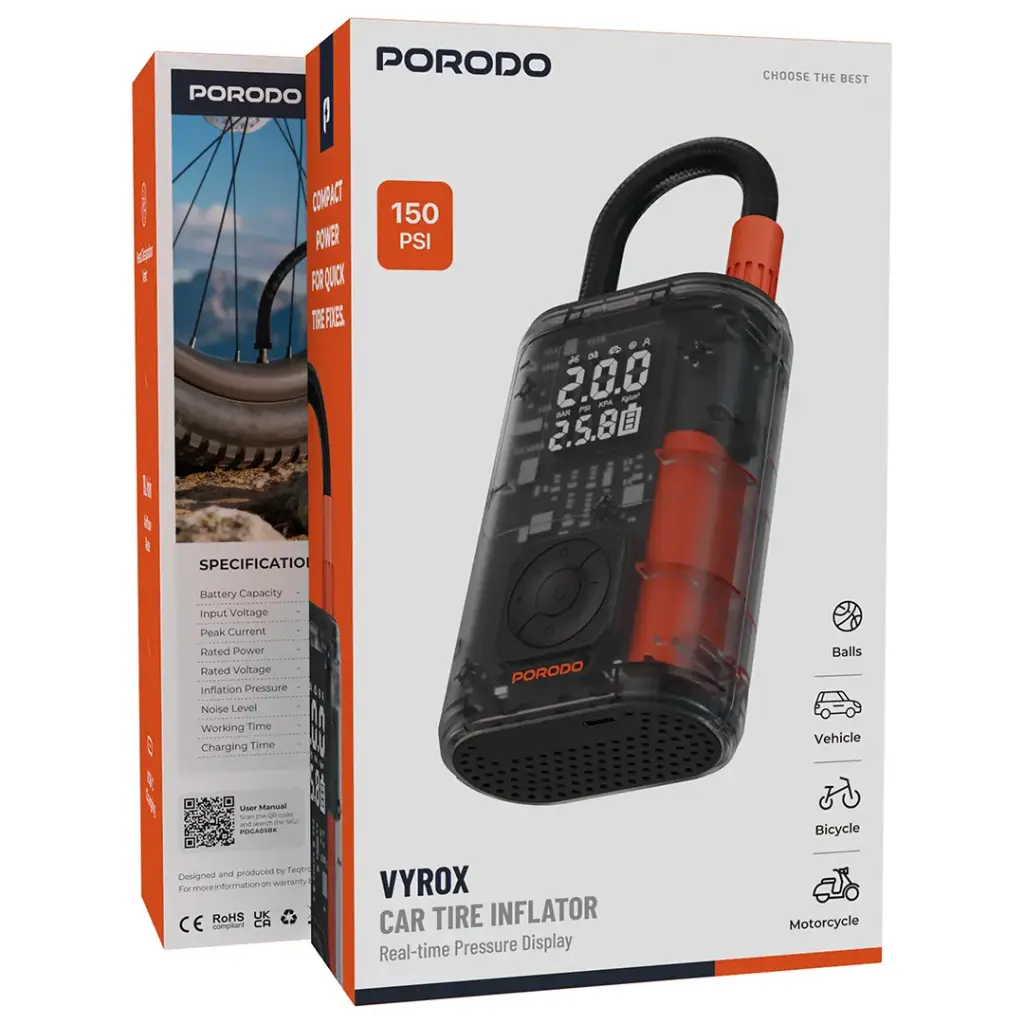 منفاخ إطارات السيارة Porodo Vyrox مع شاشة عرض ضغط في الوقت الفعلي - أسود