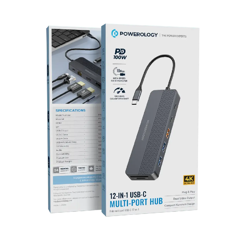 Powerology محور USB-C متعدد المنافذ 12 في 1 - رمادي