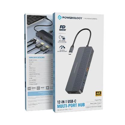 Powerology محور USB-C متعدد المنافذ 12 في 1 - رمادي