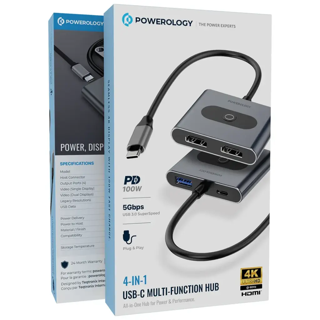 باورولوجي موزع USB-C متعدد الوظائف 4 في 1 - رمادي