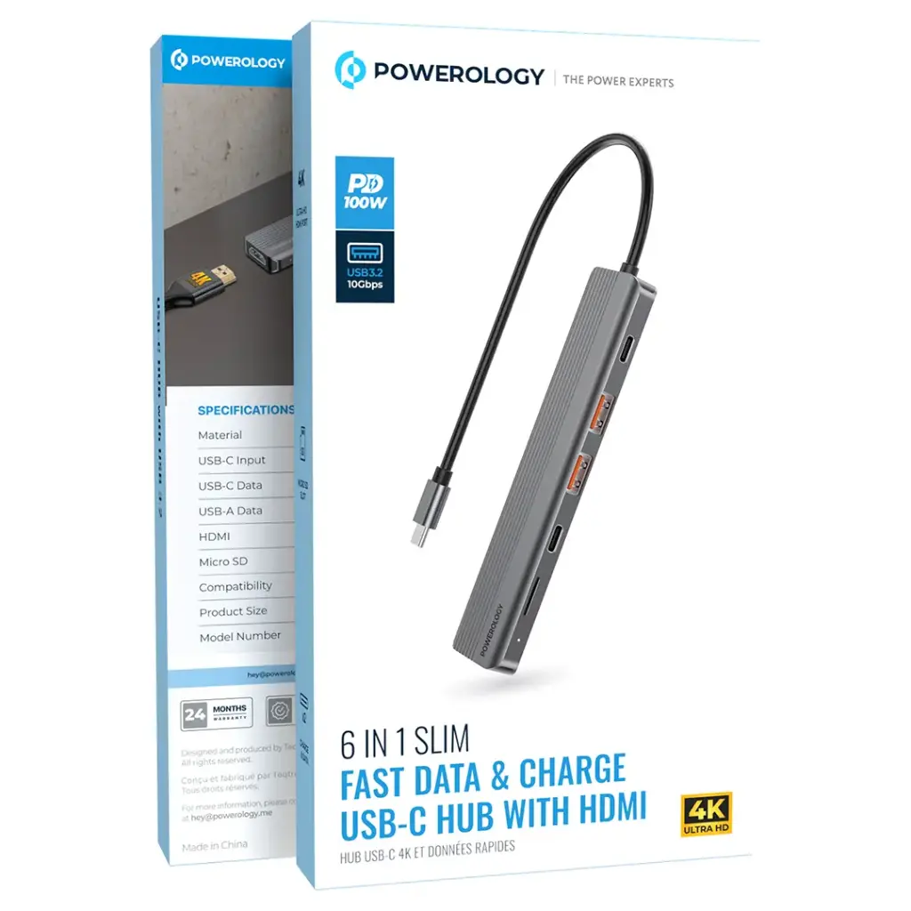 Powerology 6-in-1 Slim 4K HDMI USB-C Hub