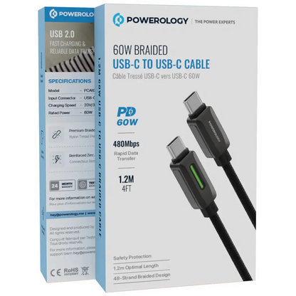 Powerology 60W Braided USB-C to USB-C Cable - Black